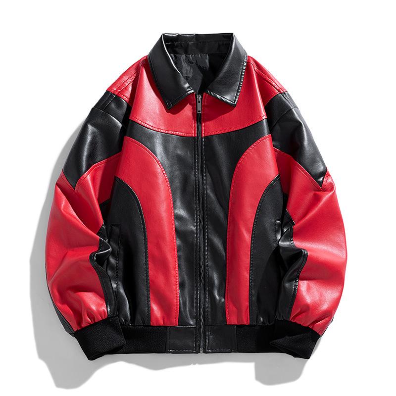 Colorblocking Lockere Revers Gerade Saum PU-Leder Bikerjacke für Herren Winddicht Lässig Motorrad Oberbekleidung für Frühling Herbst