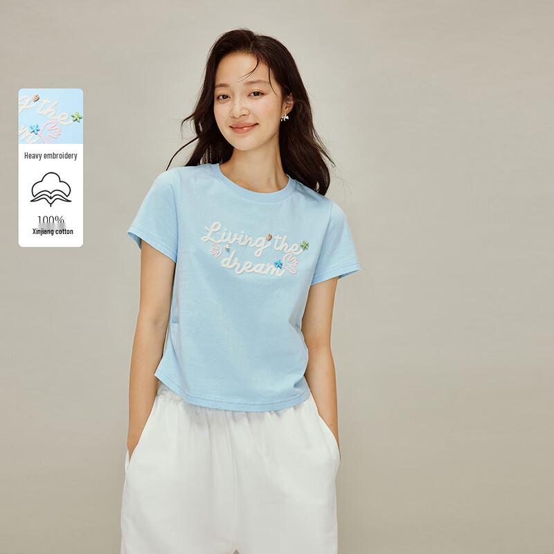 INMAN Короткая футболка с тяжелой вышивкой, бусинами-ракушками и сборками M