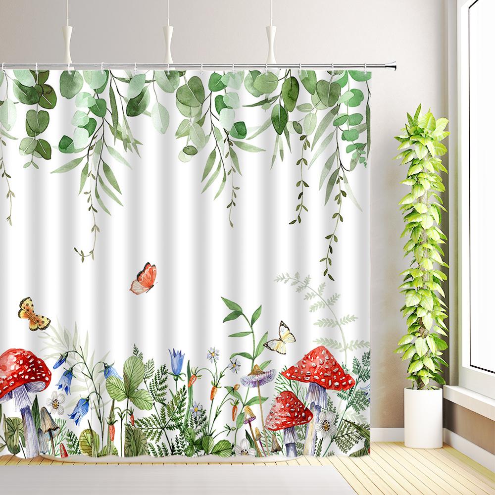 

Green Eucalyptus Leaf Shower Curtain Watercolor Flowers Plant Leaves Floral Butterfly Bird Bathroom Decor Fabric with Hooks 35x70inch-90x180cm