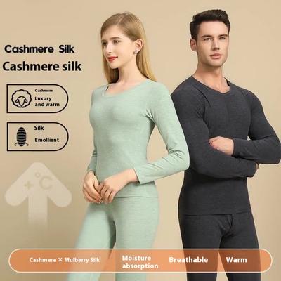 Cashmere Mulberry Silk Men Warm Underwear Set Winter Autumn Clothes Thermal Solid Color O-Neck Hygroscopic Wicking