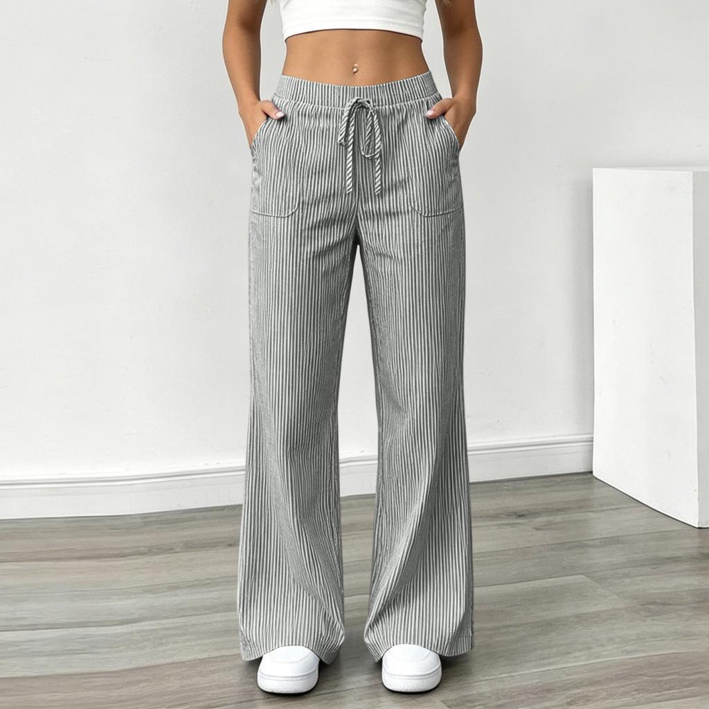 Pantalon Casual Rayé Ample à Taille Serrée Jambes Larges pour Femme avec Poches pour un Port Quotidien Confortable