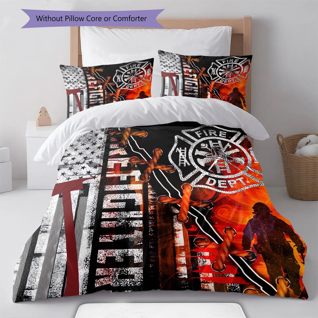 Firefighter Pattern Bedding Quilt Set Quilt Cover Pillowcase Home Decoration Gift (1 * duvet cover + 2 * pillowcase, without core)
