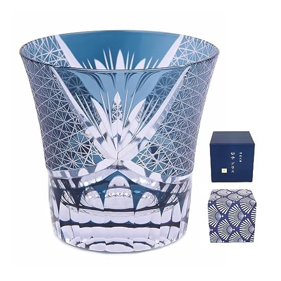 FONYUHUA Kiriko Glass Tumbler Rock Glass, Kikutsunagi Pattern, 260cc, 1 Piece, Blue