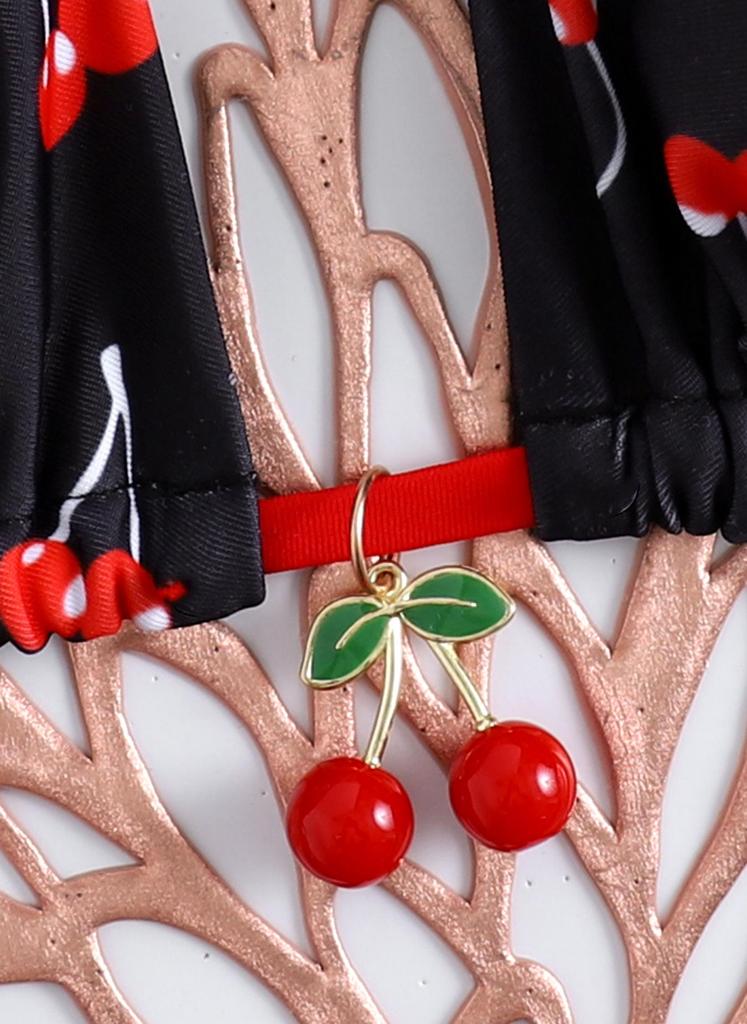 Cherry Print Lace-up Color Block Bikini Thong Set