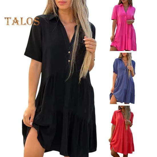 Rochie de vară pentru femei, cu guler în V, revere, plisată, petice la tiv, culoare uni, largă, linie A, cu fustă amplă, mâneci scurte, lungime midi până la genunchi