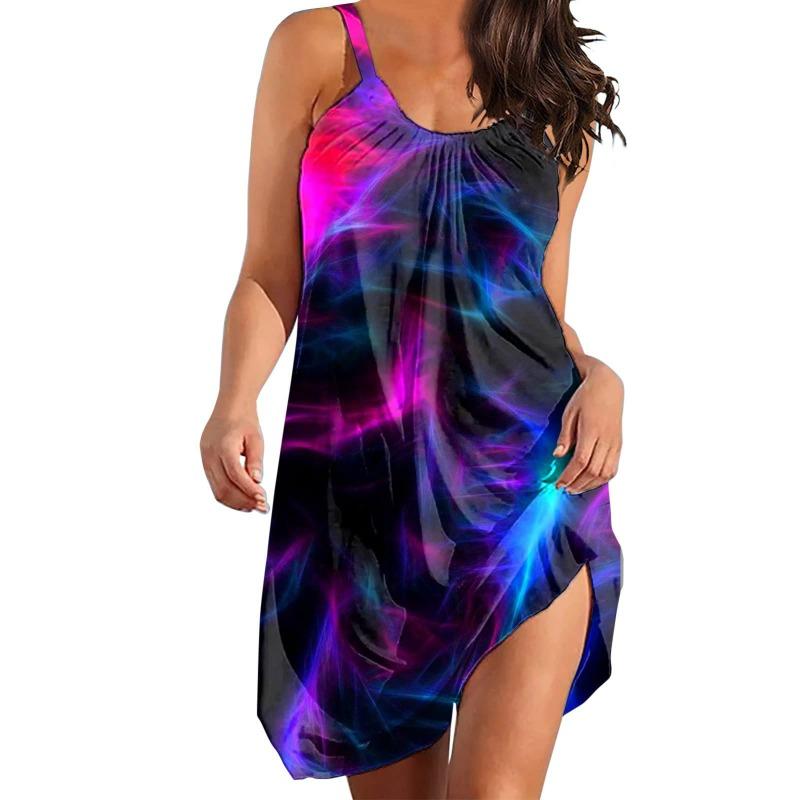 Womens Summer New Rainbow Gradient 3D Print Sleeveless Loose Beach Vacation Midi Dress