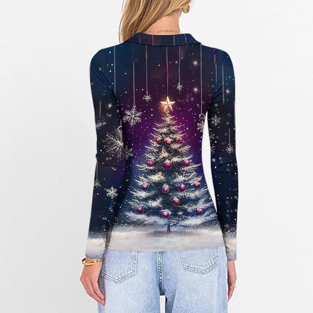 Damenmode Lässig Weihnachts-Print V-Ausschnitt Langarm Knopfleiste Oberteil