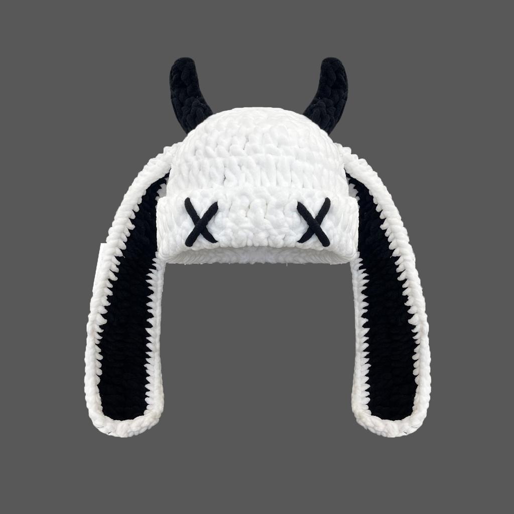 Japanese Popular Funny Devil Corner Crochet Knitted Beanie Hat Handmade Cute Long Ear Warm Cover Warm Wool Hat Spot