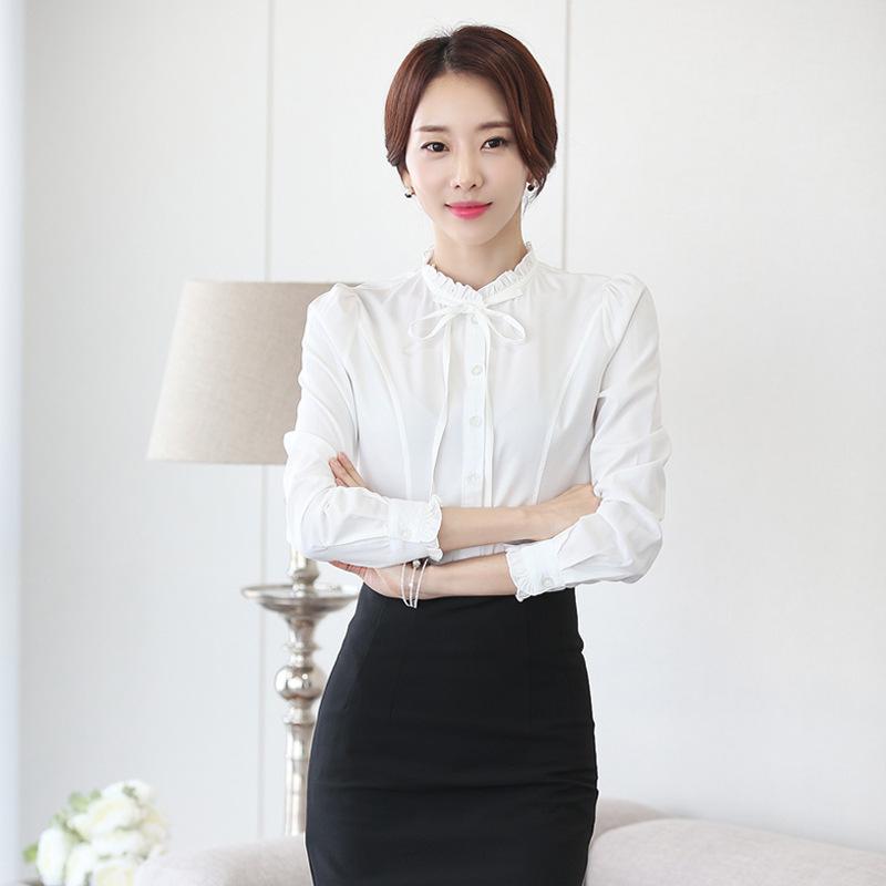 2023 Versatile Korean Style Women's Chiffon Blouse - Long Sleeve Slim Fit in White