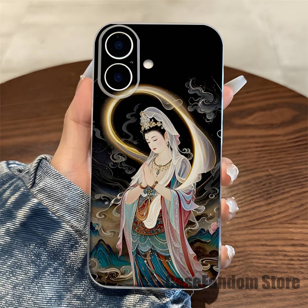 Chinese Buddhist Traditional Guanyin Phone Case For iPhone 17,16,15,14,13,12,11 Pro,Max,Plus,X,XS,XR Mini Transparent Soft Cover