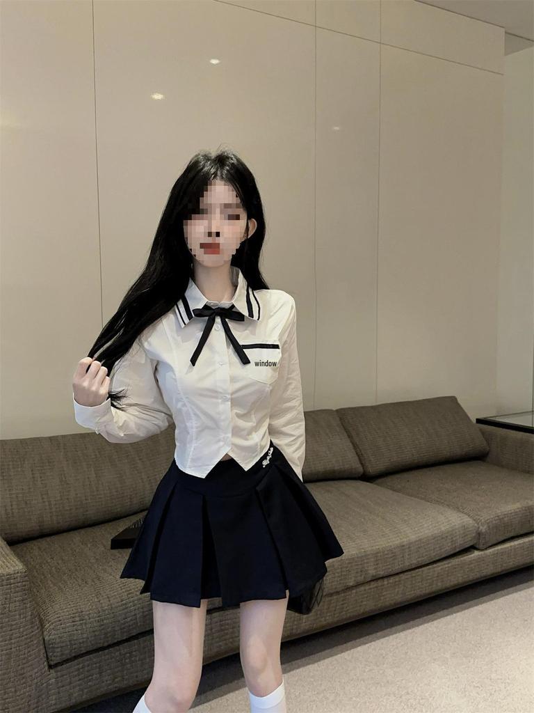 Preppy Autumn JK Set: Long Sleeve Shirt & High Waist Pleated Skirt