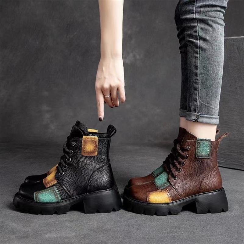 Retro thick heel Martin boots women's 2025 autumn and winter new soft leather color matching ethnic style short boots high heel waterproof table singl