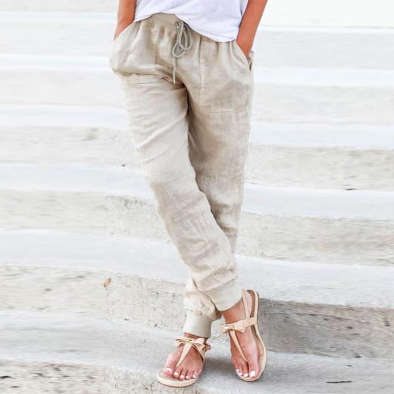 Women's Casual Cotton Hemp Pants Pure Color High Waist Ankle Simple Spring Autumn Female Pocket Pant