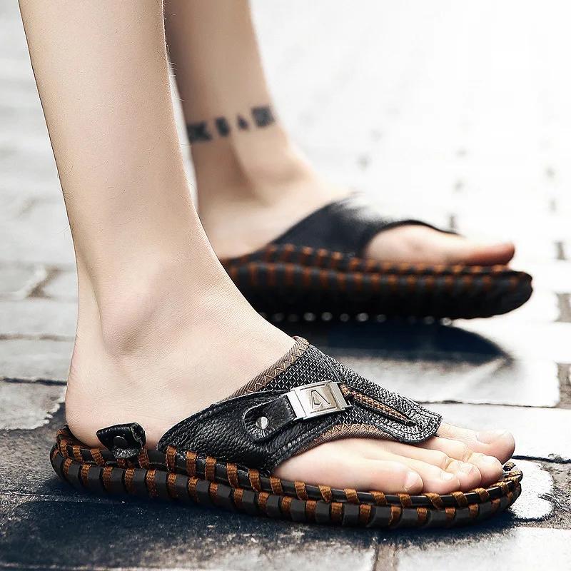 Summer New Men Genuine Leather Slippers Fashion Designer Flip-flops Young Man Street Cool Beach Shoes