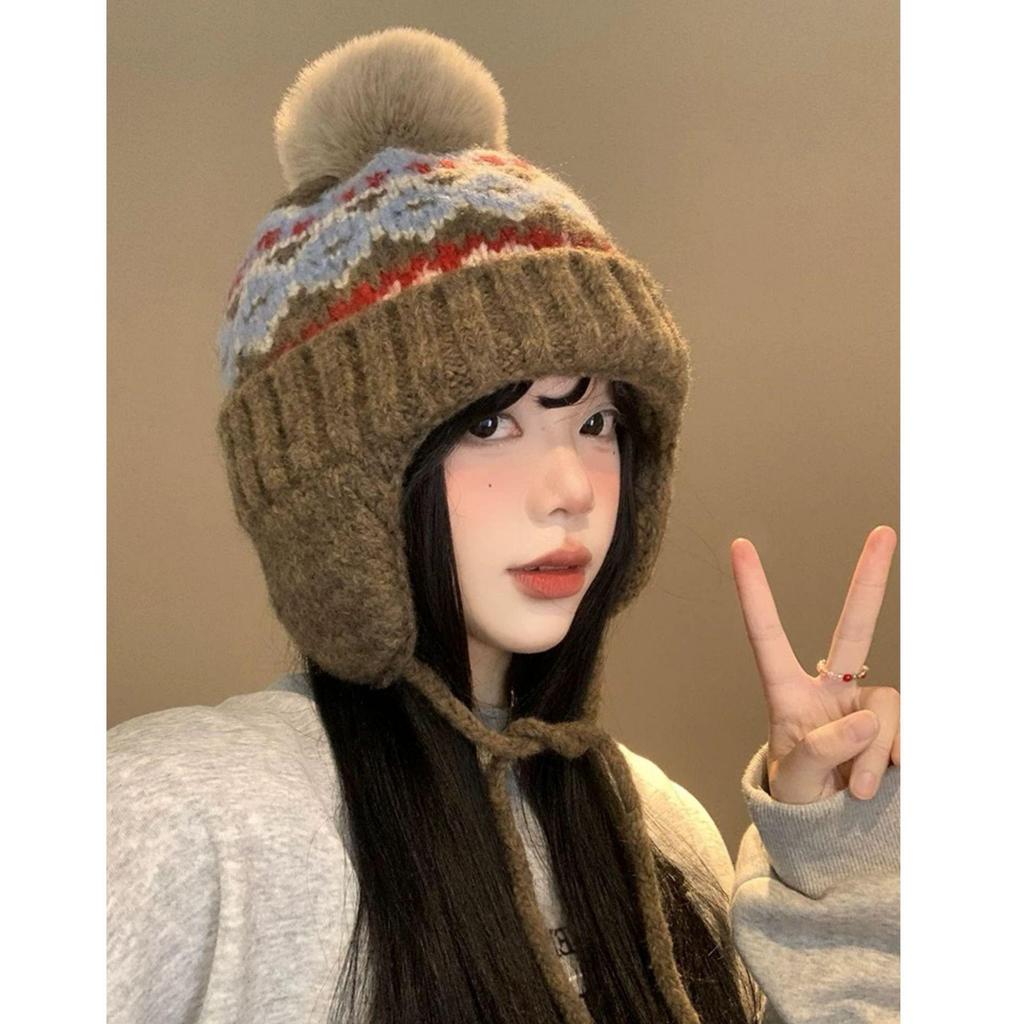 Women's Fair Isle Earflap Woolen Beanie - Thick, Warm, and Trendy for Autumn & Winter.