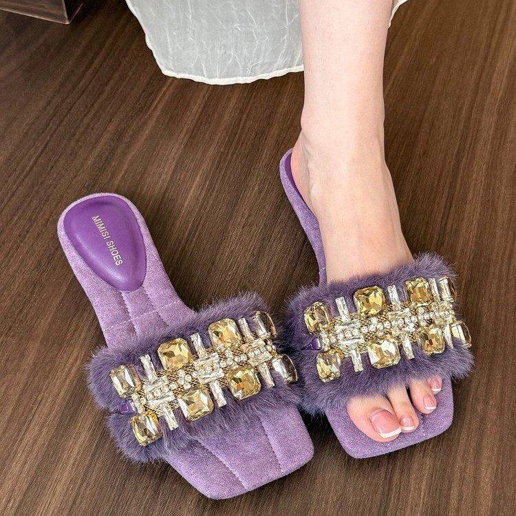 Retro exquisite rhinestone one-word women's autumn light luxury thick heel slippers, light gem square head slippers