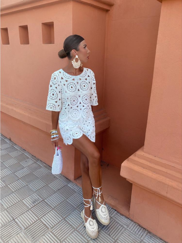 Σέξι Διχτυωτά Κροσέ Σετ Δύο Τεμαχίων Γυναικεία Μπλουζάκια με Κοντό Μανίκι + Ψηλόμεσο Χαλαρό Σορτς Γυναικεία Μόδα Σικ Μονόχρωμα Streetwear Κοστούμια Παραλίας