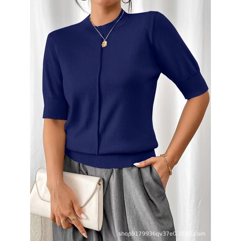 Womens Solid Color Knit Pullover Sweater 2026 Round Neck Short Sleeve Slim Fit Casual Elegant Top