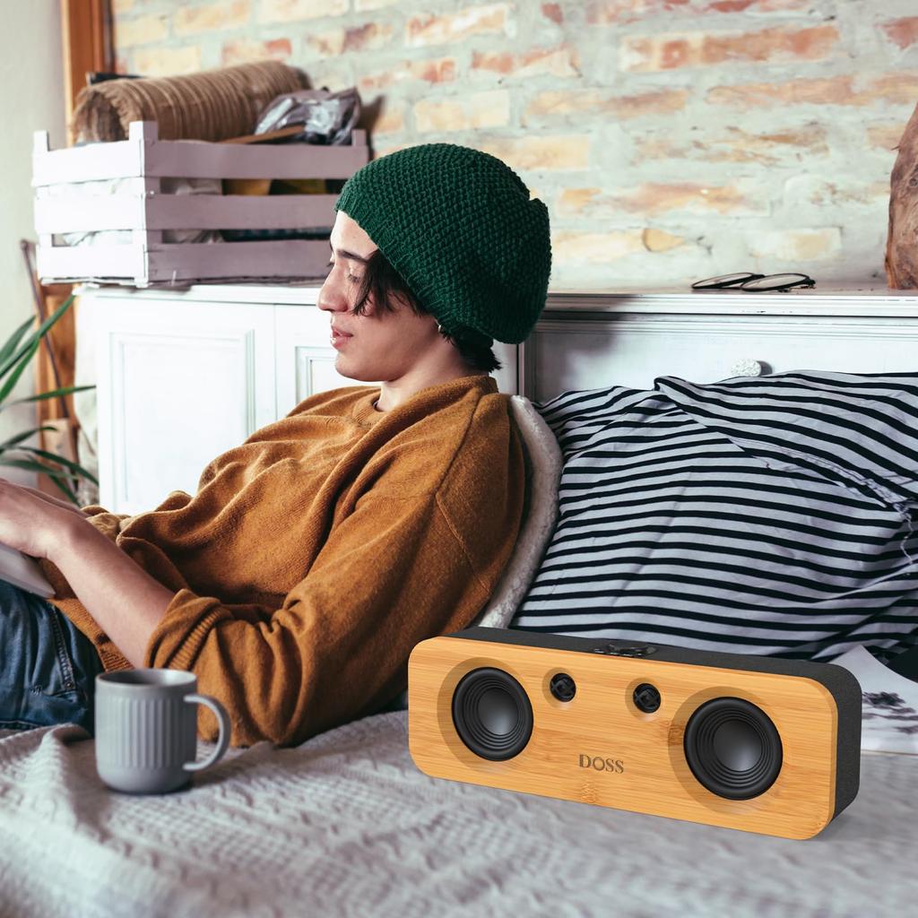 DOSS SoundBox H200 Bluetooth 50W Powerful 35 Hours Wireless Stereo High Portable Dual DSP Deep Coaxial Suitable for Speaker, Bamboo, Sound, Playback,