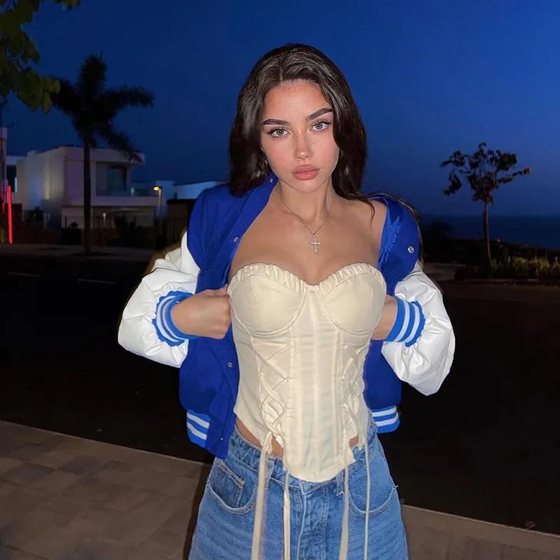 Women's Beige Bandeau Corset Top Ruffled Bust Lace Up Back Sleeveless Casual Crop Top