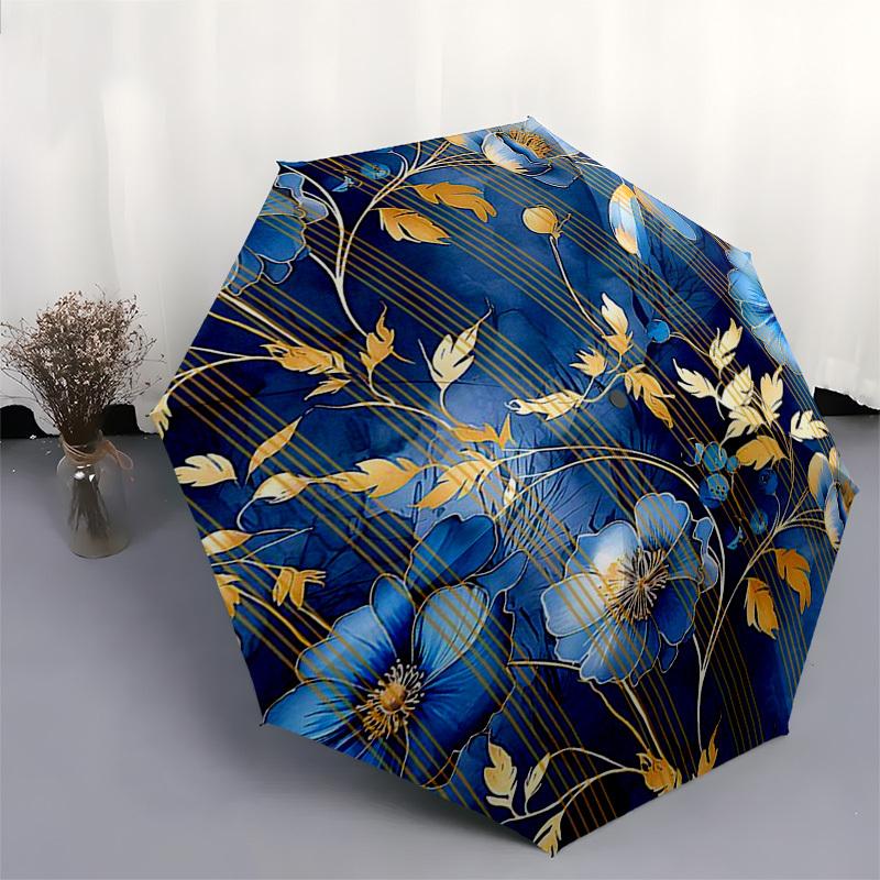 1pc Blue Floral Pattern with Gold Accents Umbrella with Plastic Handle,Suitable for All Seasons Umbrellaptys26091