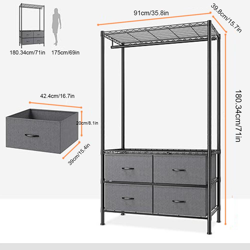 Metal Clothing Rack with 4 Large Fabric Drawers Heavy Duty Garment Rack Adjustable Shelves Portable Closet for Bedroom
