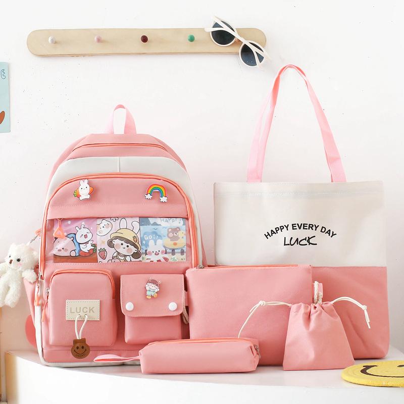 School Bag New Trend Five-piece School Bag Female Color Matching Primary and Secondary School Students Backpack High Value Dirt-resistant Backpack