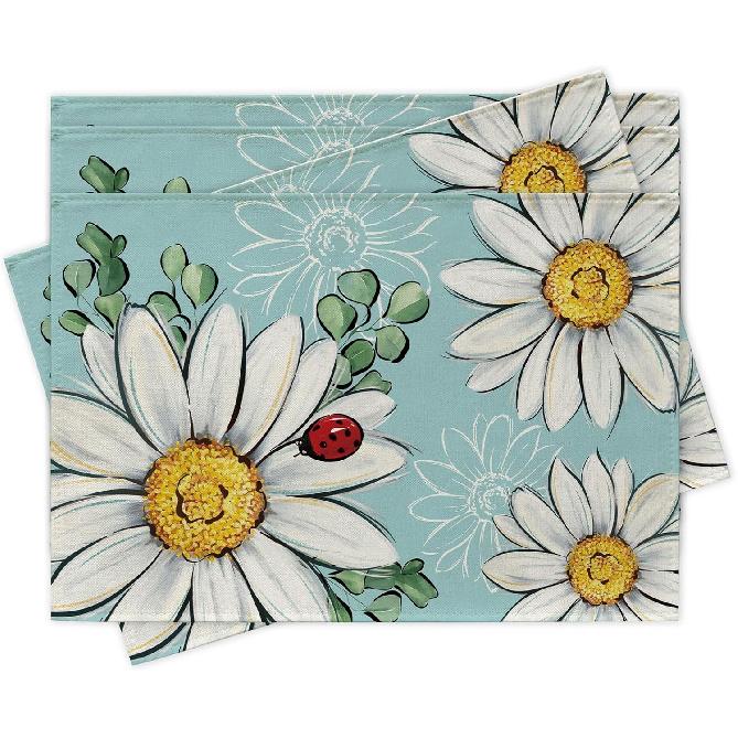 Spring Summer Daisy Flower Placemats Set of 4, Floral Eucalyptus Leaves Blue Dining Place Mats Table Decor, Ladybug Seasonal Home Kitchen Decoration