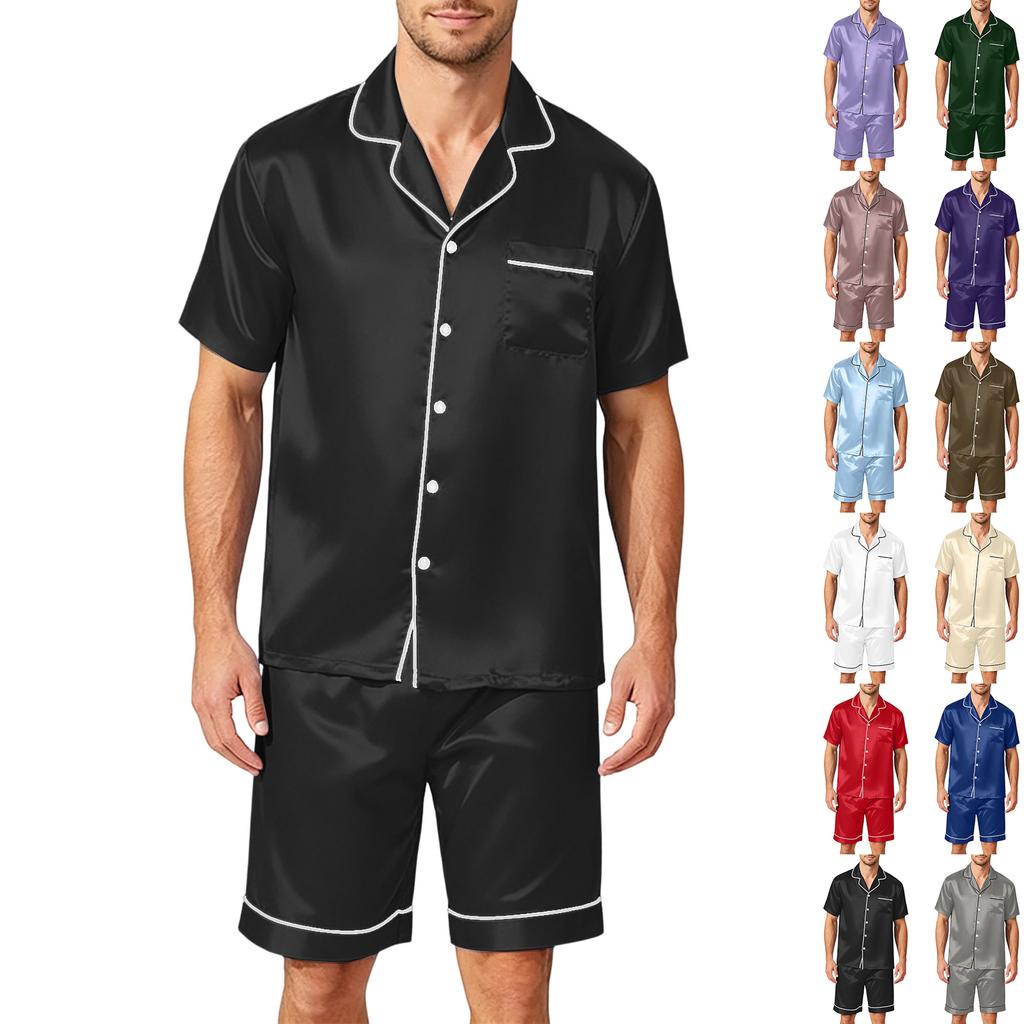Conjunto de Pijama Satinado de Manga Corta para Hombre con Pantalones Cortos, 2 Piezas, con Bolsillo