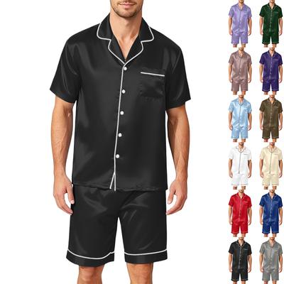 Conjunto de Pijama Satinado de Manga Corta para Hombre con Pantalones Cortos, 2 Piezas, con Bolsillo