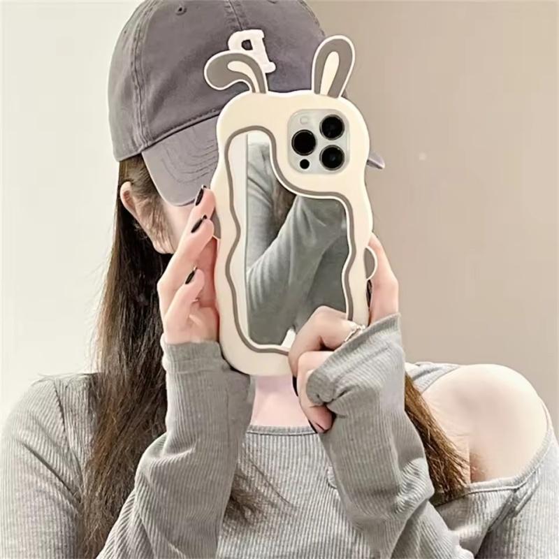 Cute Bunny Ears Mirror Phone Case For iPhone 16 15 14 Plus 13 12 11 Pro Max Shockproof Silicone Case