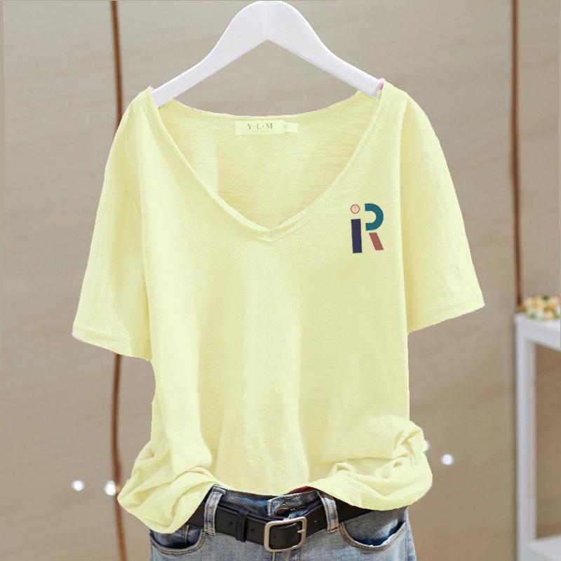 Damska koszulka z dekoltem V, krótkim rękawem, wykonana z bawełny bambusowej - Lato 2025, Styl koreański, Casualowa, Biała baza