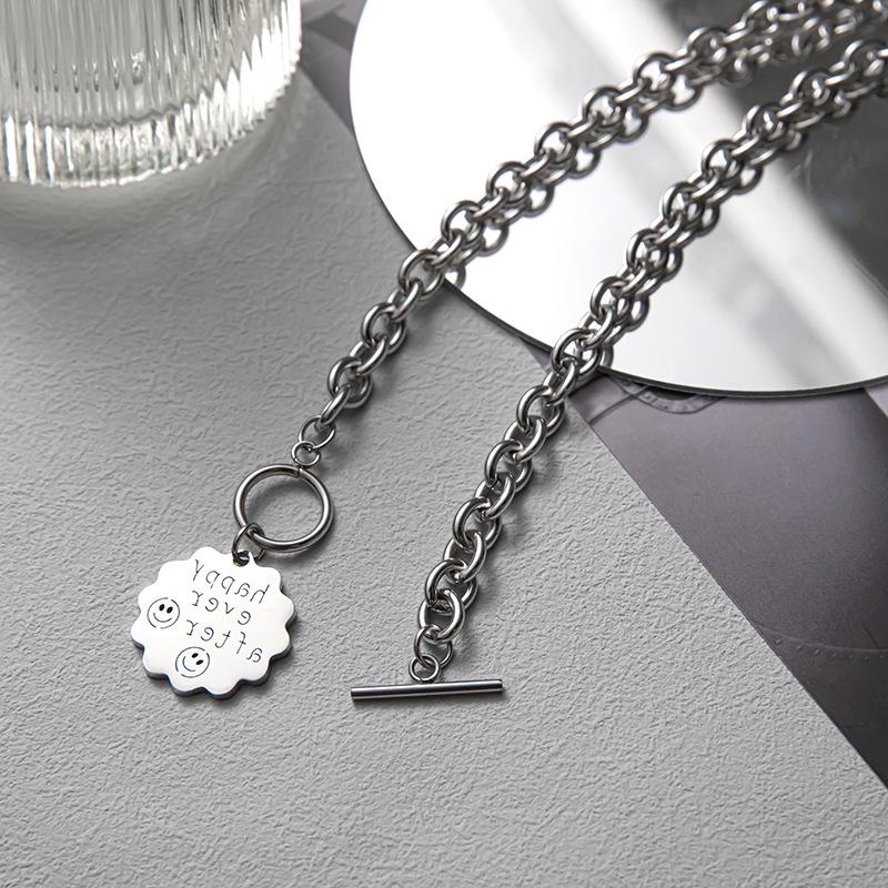 Unisex European & American Hip-Hop Titanium Steel Necklace with Letter Square, OT Buckle, Chain Design.