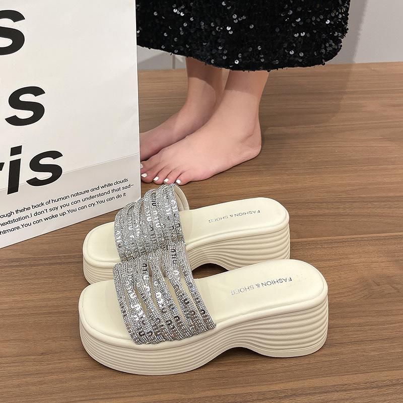 Thick-soled Heel Rhinestones 2025 Summer New Skirt Outer Wear with Fairy Wind Slope One-word Slippers Open-toed Cool Slippers