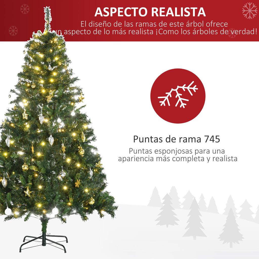 Artificial Christmas Tree, 180cm Tree with Pre-installed Lights and Decorations Included, Ø112x180cm, Green