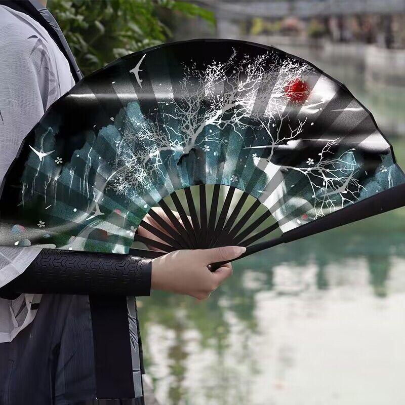 Summer Outdoor Decorative Folding Fan Bamboo And Wood Cloth Face Large Size Double-Sided Hand Fan Home Decoration Chinese Gift