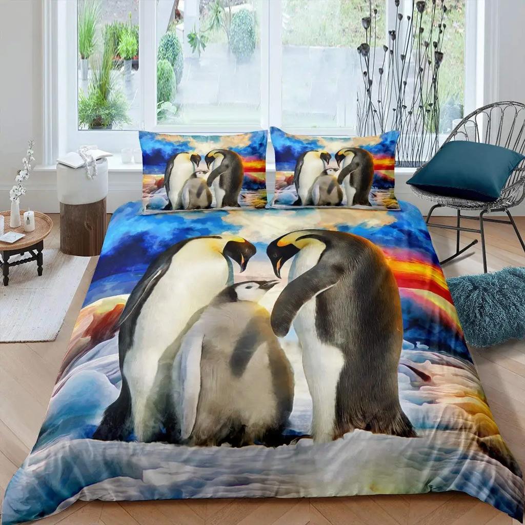 Penguin Duvet Cover Set Antarctic Animals Bedding Set For Kids Boys Girls Cartoon Style King Size Winter Theme Comforter Cover