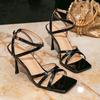 Women's high-heeled sandals women's fashion simple black square head buckle casual high-heeled sandals women