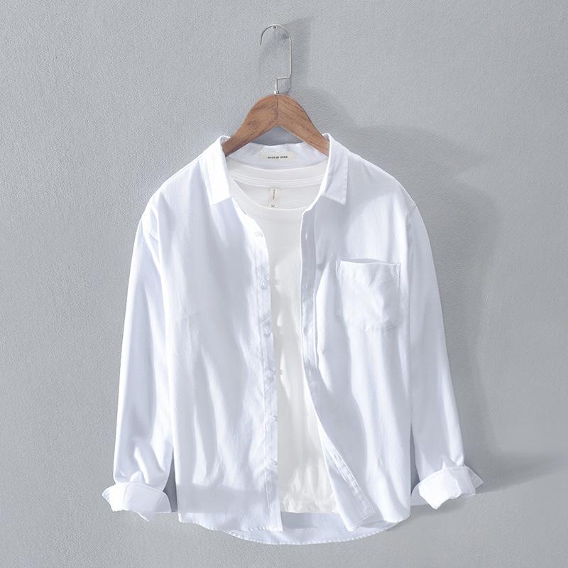Camicia Casual da Uomo in Misto Lino a Manica Lunga con Colletto Button-Down e Tasca