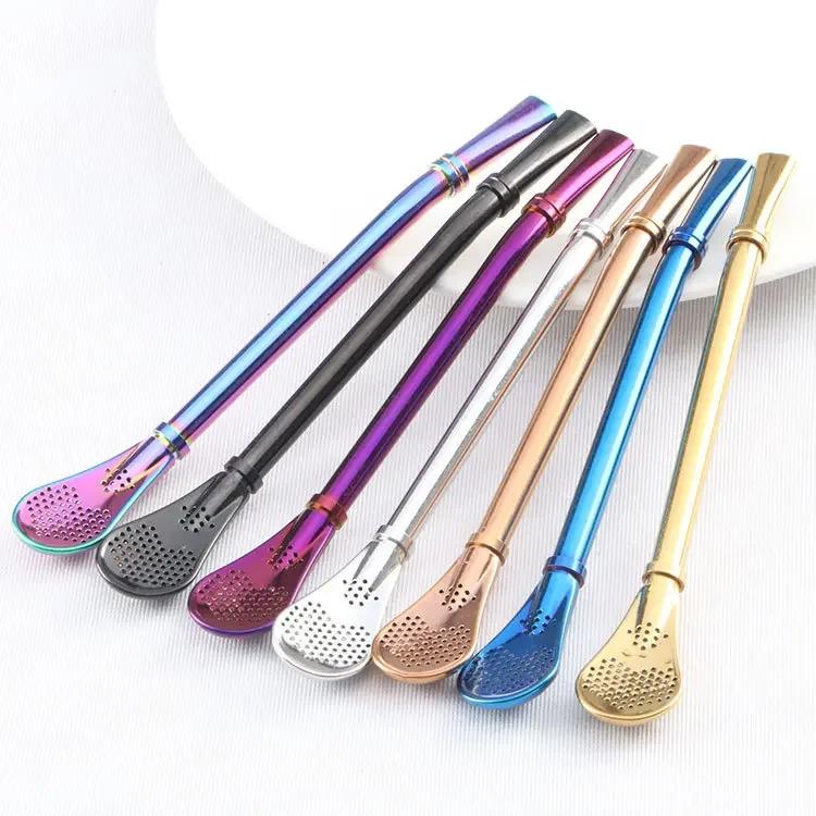Colorful 304 Stainless Steel Tea Drinking Straws Spoon Yerba Mate Tea Filter Reusable Bombilla Gourd Tea Tools Bar Accessories