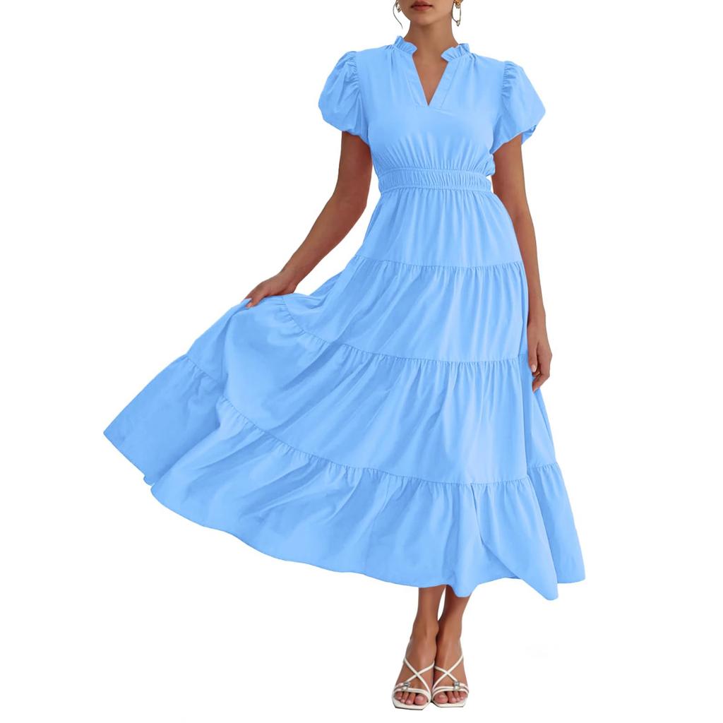 Women’s Casual V Neck Short Sleeve Tiered Maxi Dress with Puff Sleeves and Flowy Layered Skirt for Daily Wear