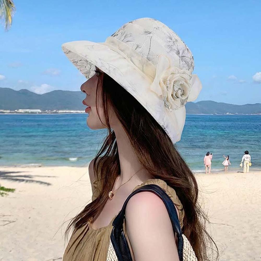 Portable Thin Bow Sunshade Cap Folding Sunscreen Basin Hat Panama Hat Floral Fisherman Hat  Outdoor