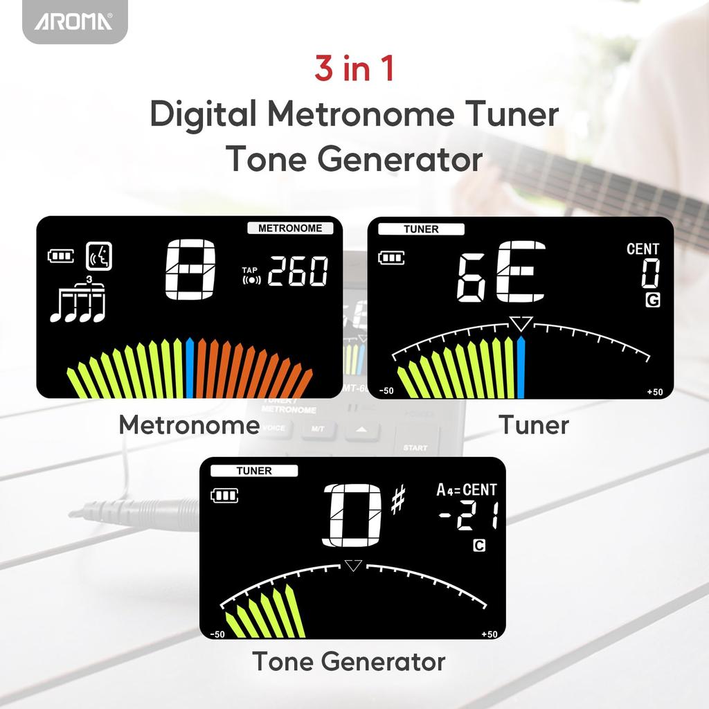 AROMA 3-in-1 Electronic Metronome Tuner, Rechargeable, Compatible with Most Instruments, 5 Instrument Modes, with English Vocal Beat Function