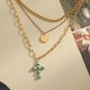 Cross Set Turquoise Pendant Round Card Women's Bohemian Style Golden Jewelry Gift Elegant Party Multi Layered Necklace