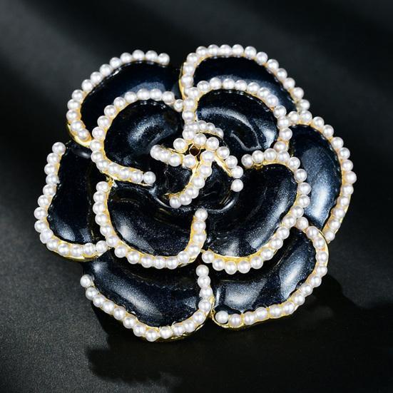 Faux Pearl Camellia Brooch Black White Flower Lapel Pin Sweater Cardigan Coat Business Suit Clothing Accessories Fashion Jewelry