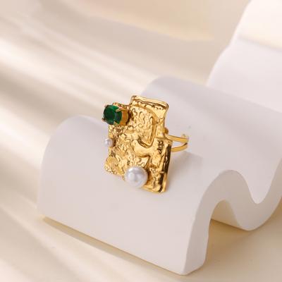 Vintage Stainless Steel Square Texture Opening Rings For Women Men Pearl Zircon Gold Color Ring Luxury Jewelry Gifts Bague