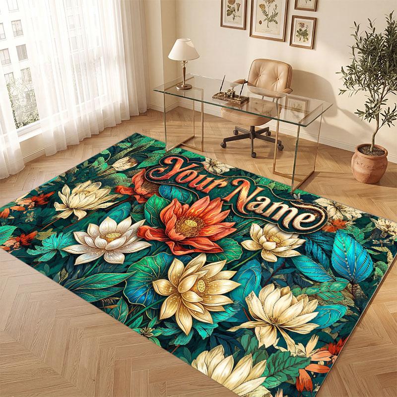 Floral Garden Theme Crystal Velvet Floor Rug Personalized Custom Name Text Warm Carpet Home Decoration