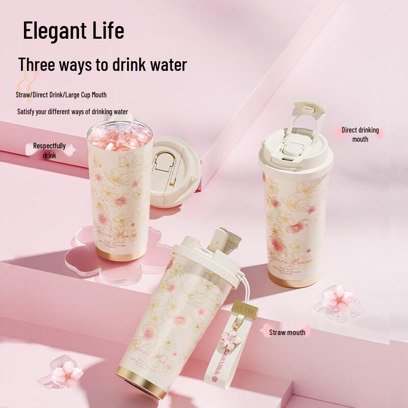 Germ Sakura Series Nerezová ocel 316 Izolovaný hrnek na pití se dvěma brčky