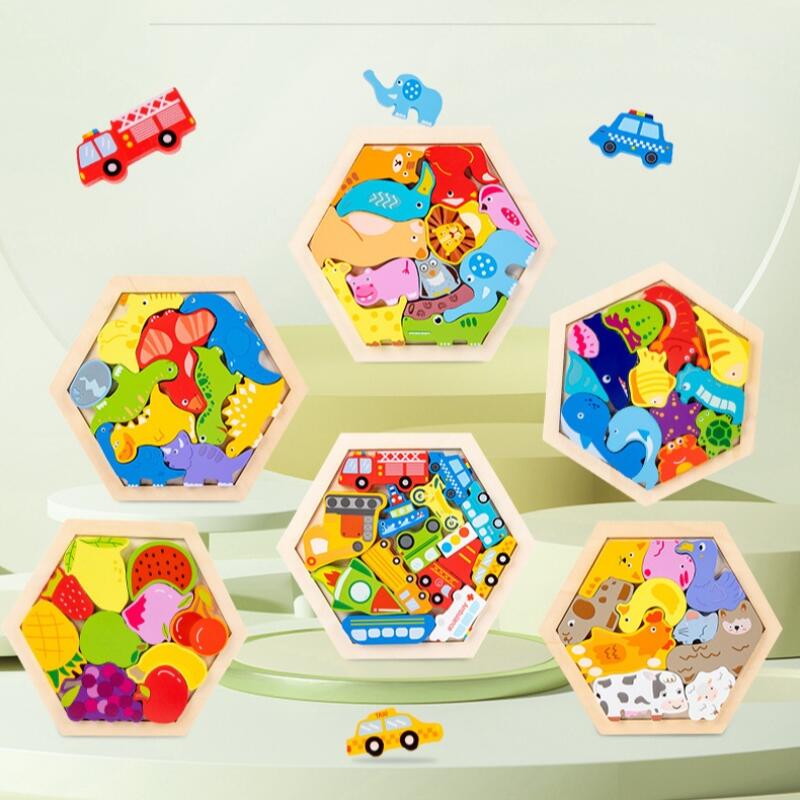Wooden 3D Puzzle Blocks Montessori Educational Toy Animals Vehicles Fruits Themed Cognitive Development Toddler Brain Game Safe Kids Learning Toy