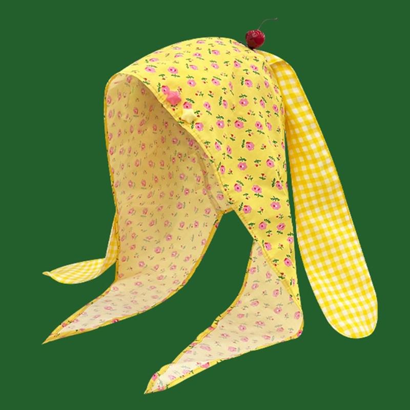 Cute Rabbit Ears Headscarf Hat Cherry Flossom Pattern Soft Cotton Hair Accessory For Women Adults Adjustable Headwear